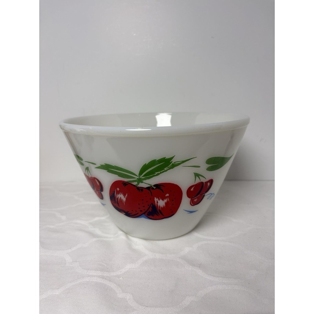 Vintage Fire King Splash Proof Bowl Apple & Cherries 4 QT White Painted 9.5"x 6"